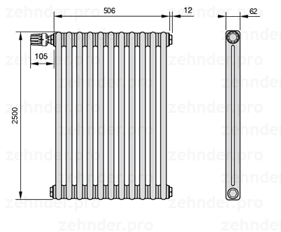 Схема (чертеж) Радиатор Zehnder Charleston 2250/11 №V011 Белый глянцевый RAL 9016